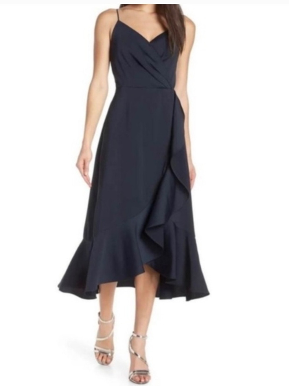 Navy Ruffle Wrap Midi Dress